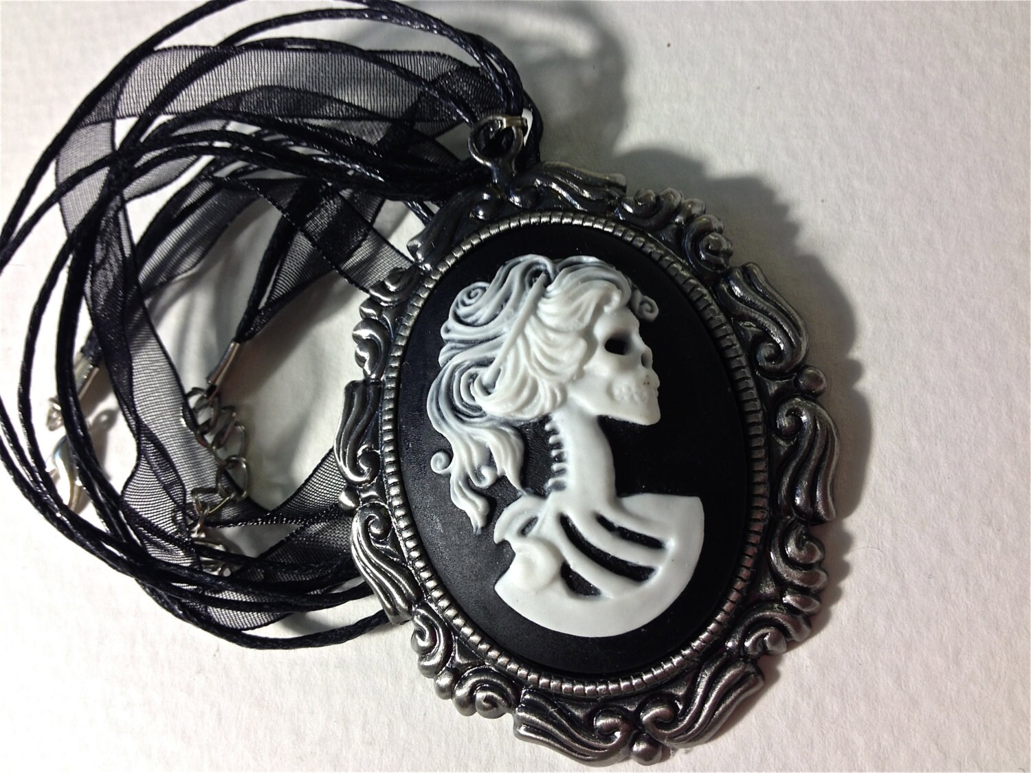 White Skeleton Lady Cameo Necklace // Day of the Dead Necklace // Victorian Jewelry // Dead Girl Cameo // Gothic Cameo