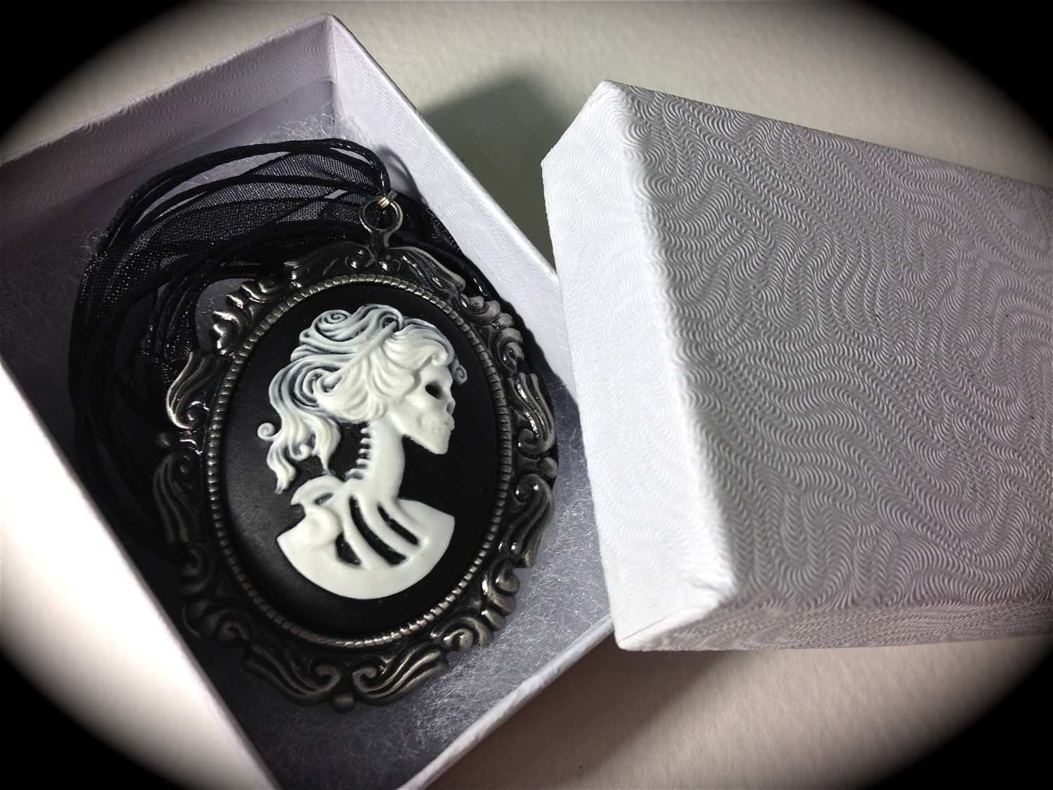 White Skeleton Lady Cameo Necklace // Day of the Dead Necklace // Victorian Jewelry // Dead Girl Cameo // Gothic Cameo - Image 2