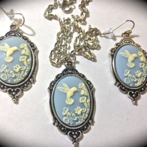 Light Blue Hummingbird cameo necklace and matching earring set // hummingbird cameo jewelry