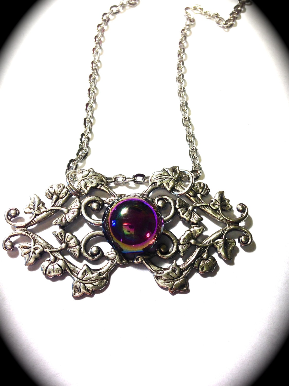 Rainbow antique silver toned filigree stamping necklace - Image 2