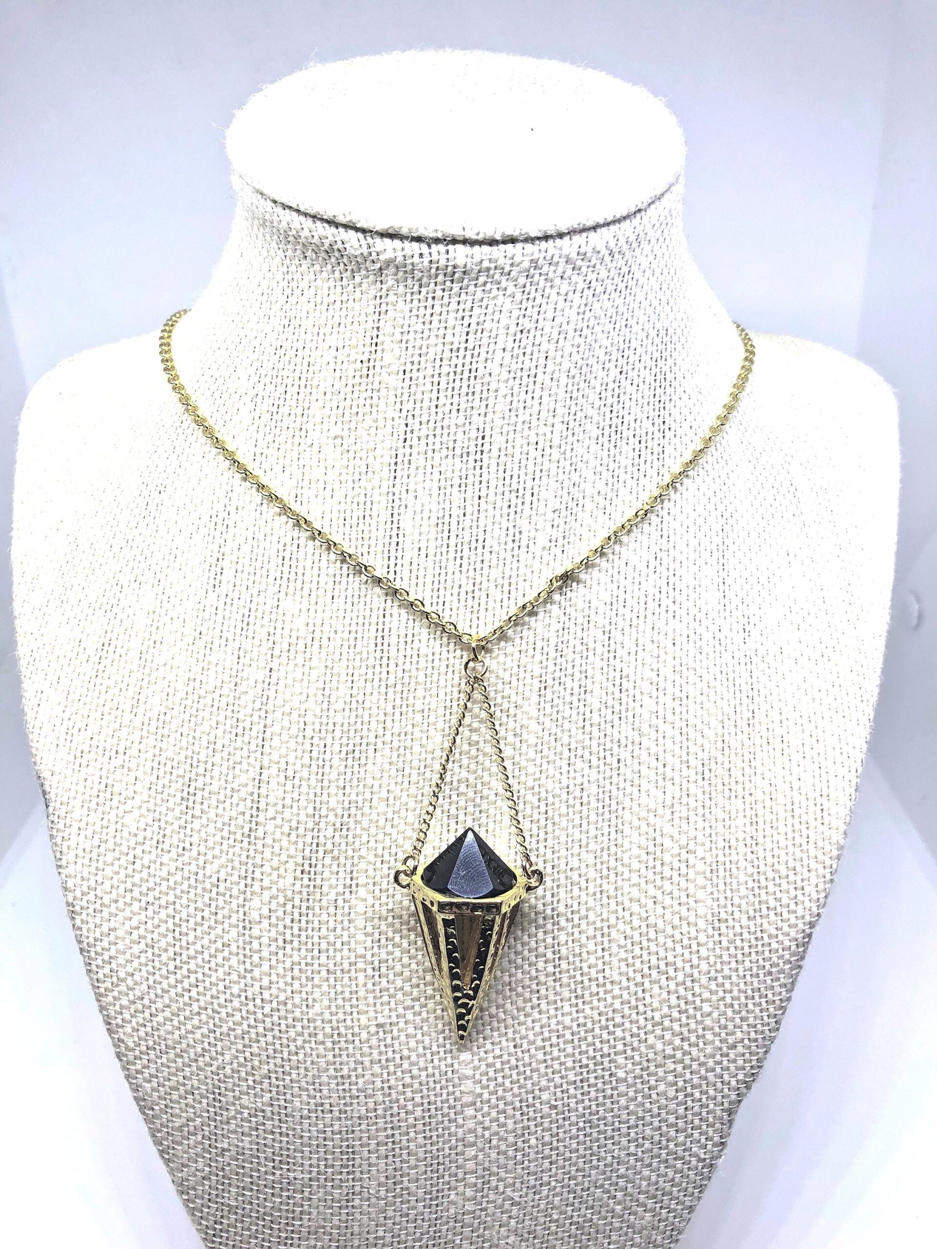 Hexagonal pyramid necklace// Crystal prism Necklace // Black Chandelier Necklace // Black and Gold Glass Necklace // Black prism necklace