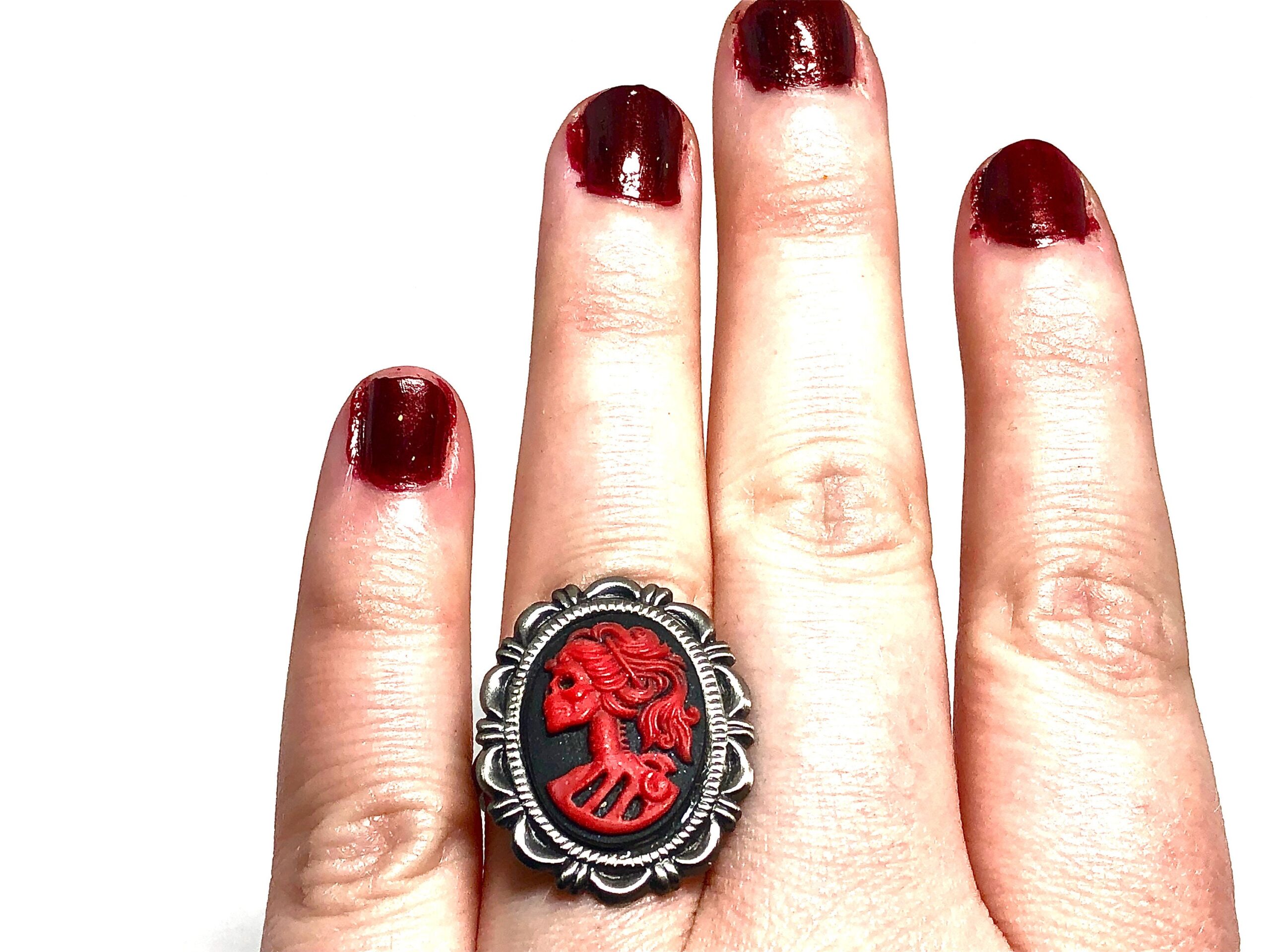 Lolita Skeleton Red Cameo Ring // Day of the Dead Jewelry // Cameo Ring // Lady Skeleton Cameo Ring // Lolita goddess ring - Image 2