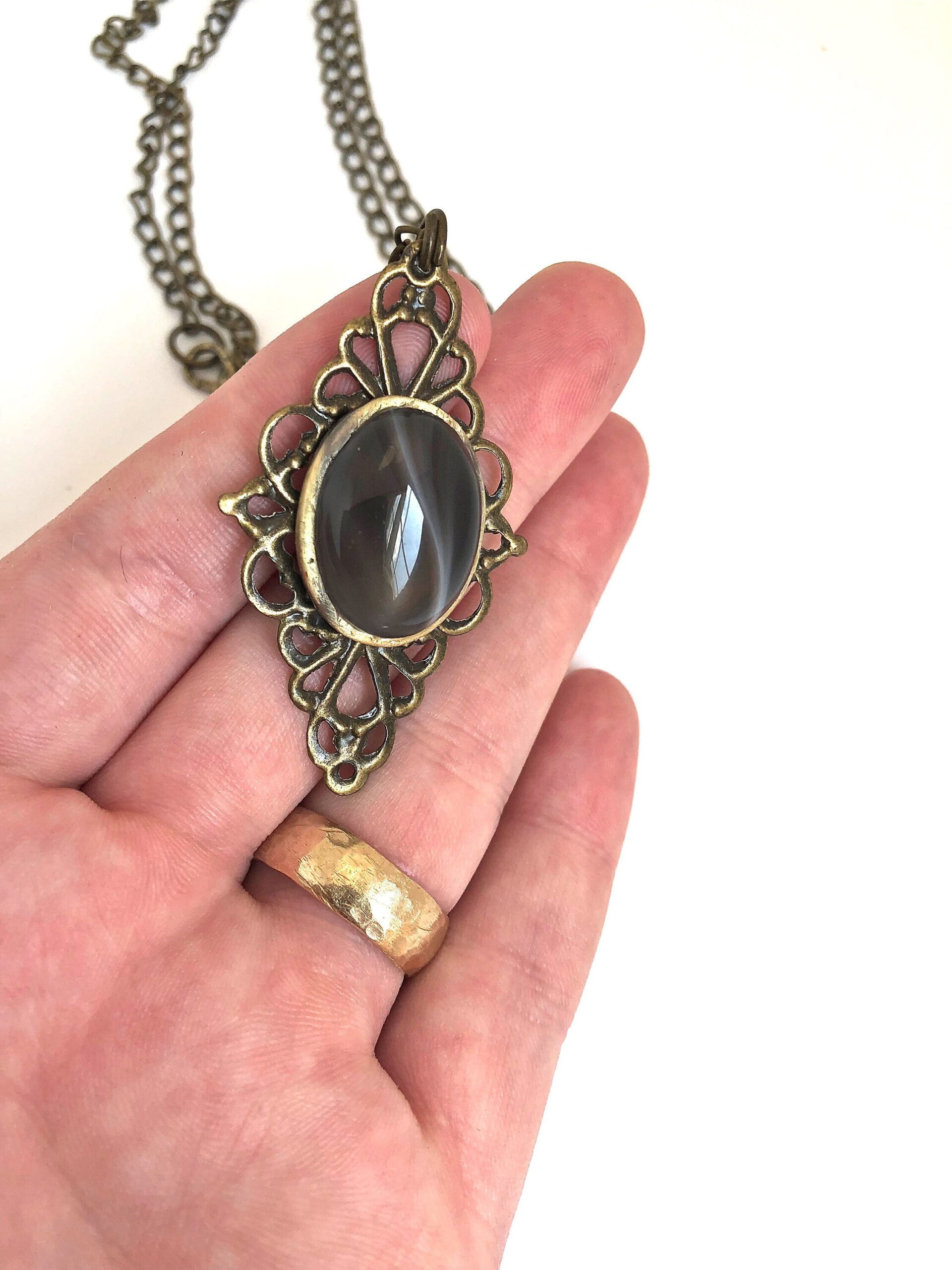 brass filigree brown swirl stone glass necklace - Image 6