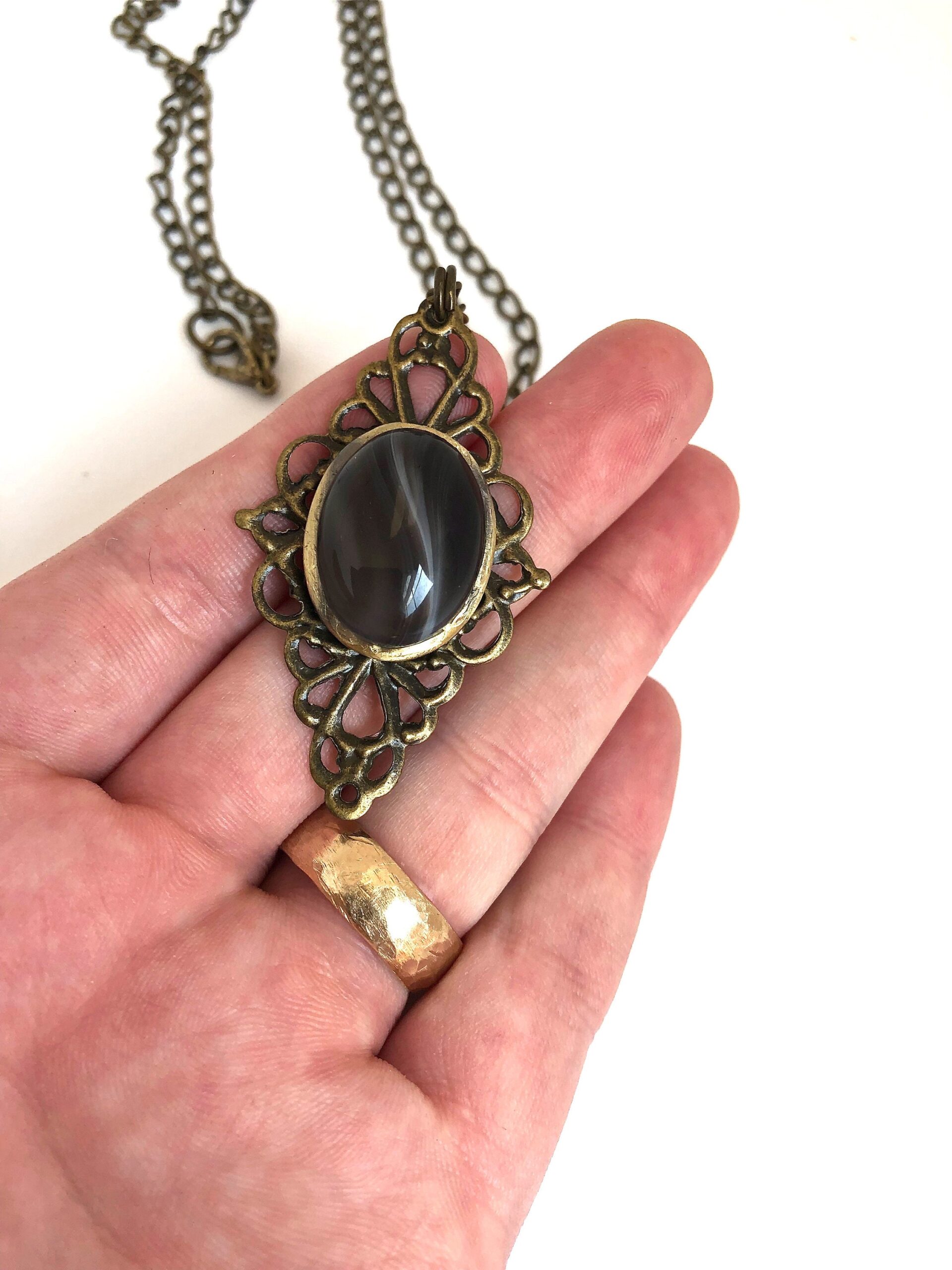 brass filigree brown swirl stone glass necklace - Image 2