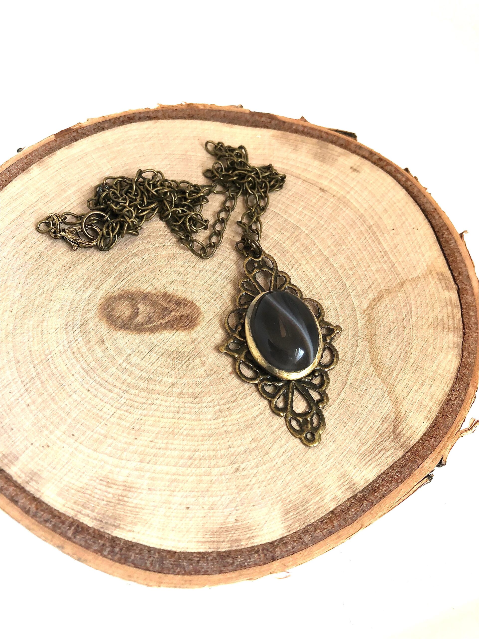 brass filigree brown swirl stone glass necklace - Image 3
