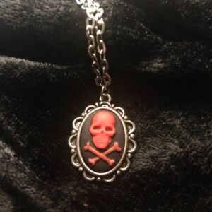 Skull and bones Cameo, Skull Necklace, Zombie Necklace, red & Black Cameo Necklace, skullnbones Necklace, Skull and crossbones Necklace