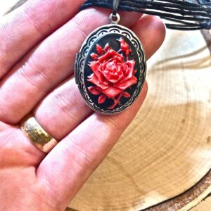 Red rose cameo locket necklace