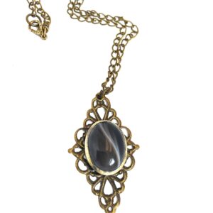 brass filigree brown swirl stone glass necklace