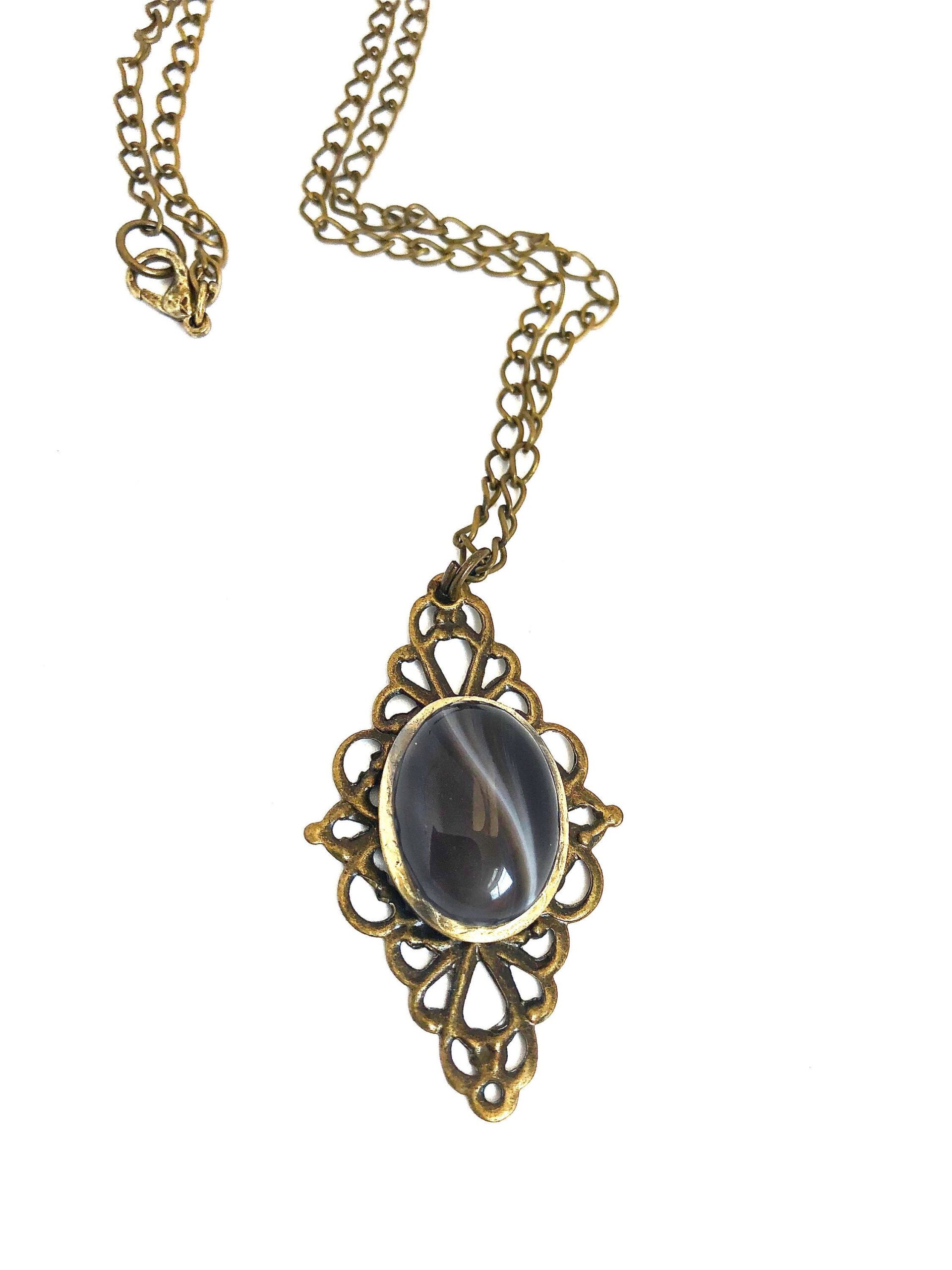 brass filigree brown swirl stone glass necklace