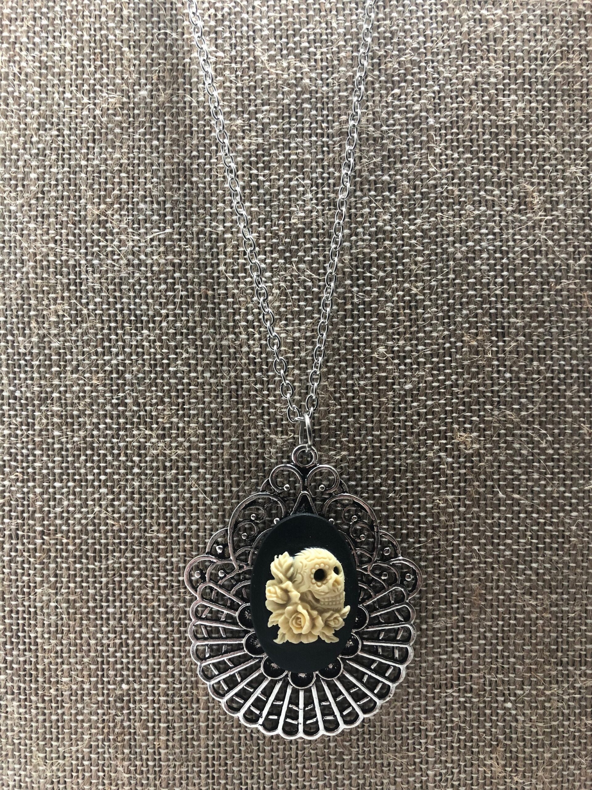 Sugar Skull and Roses Cameo Necklace