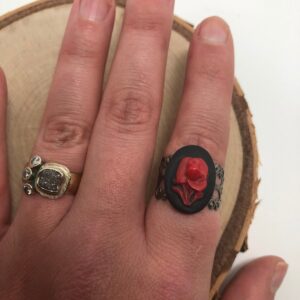 Red flower Cameo Ring // Silver Cameo Ring // Cameo ring