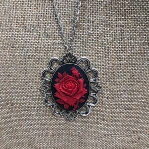 Large red rose cameo necklace