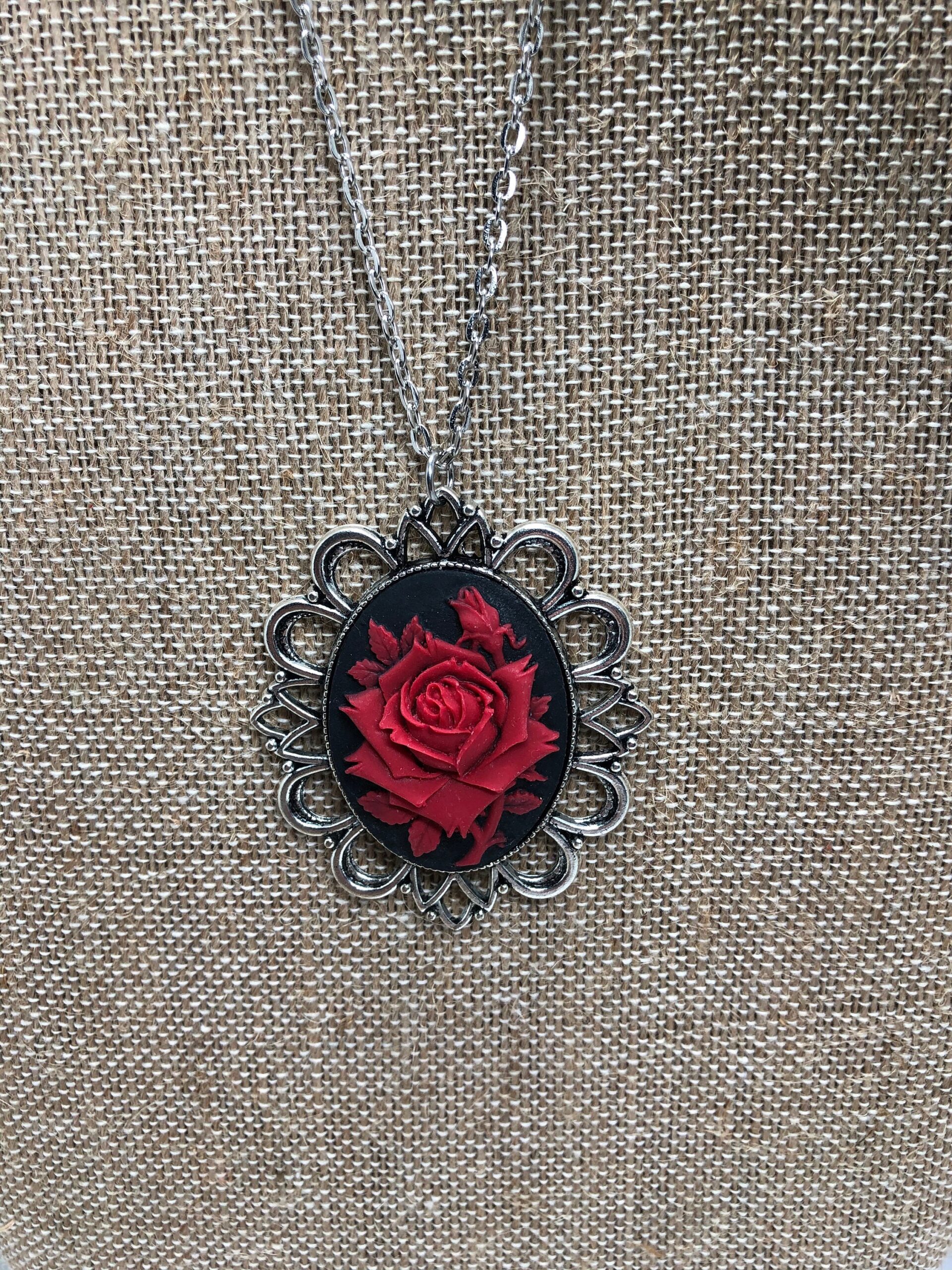 Large red rose cameo necklace