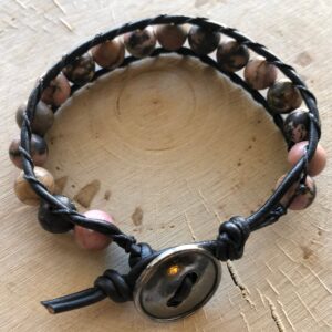 Rhodonite beaded leather wrap bracelet // beaded gemstone leather wrap bracelet