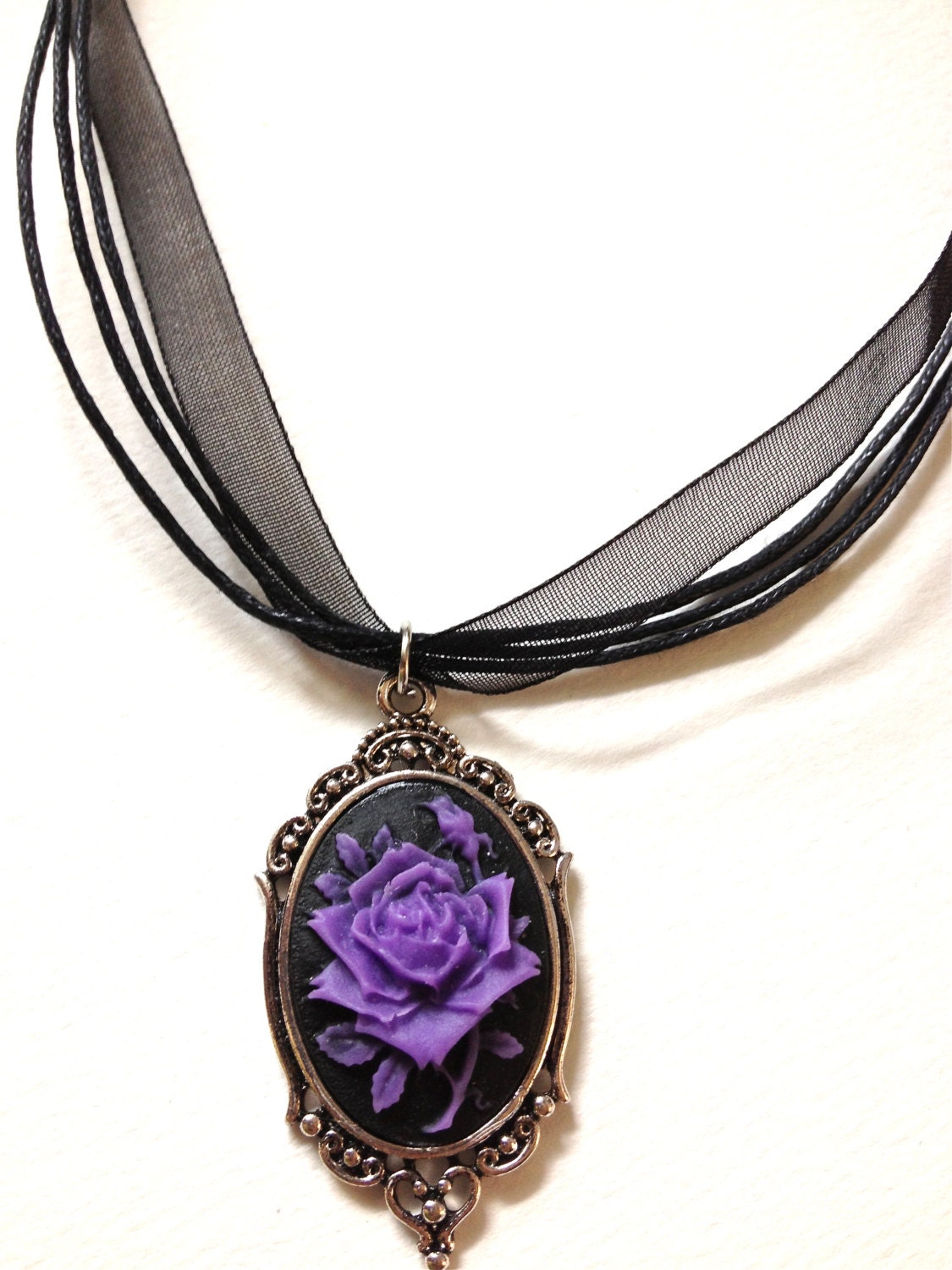 Purple and black rose cameo necklace - Image 2