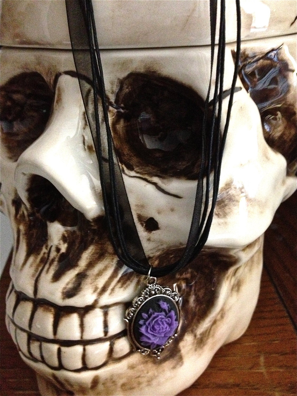 Purple and black rose cameo necklace - Image 4