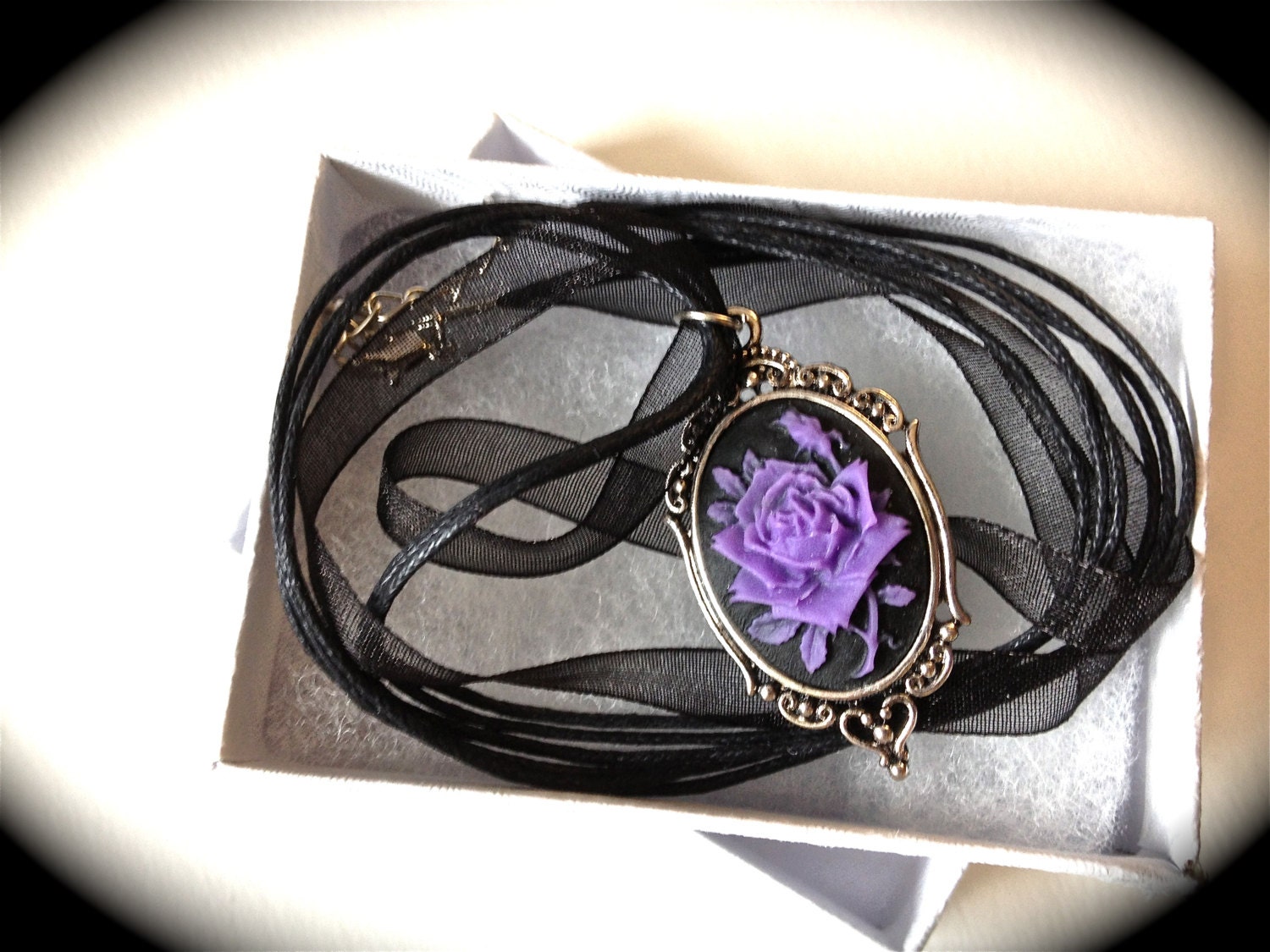 Purple and black rose cameo necklace - Image 3
