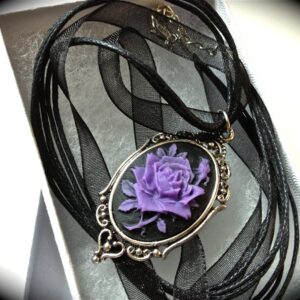 Purple and black rose cameo necklace