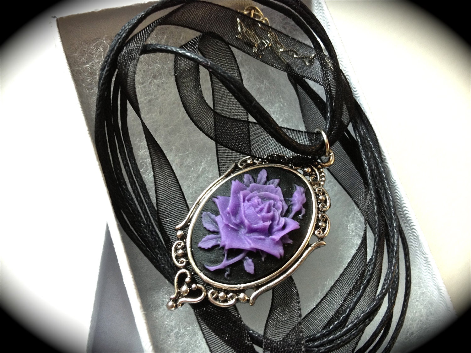 Purple and black rose cameo necklace