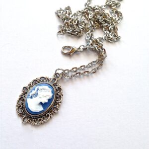 Small vintage inspired woman cameo // wedge wood blue and white classic lady cameo necklace