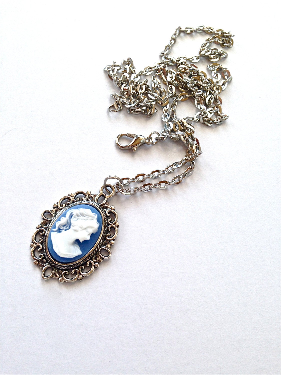 Small vintage inspired woman cameo // wedge wood blue and white classic lady cameo necklace