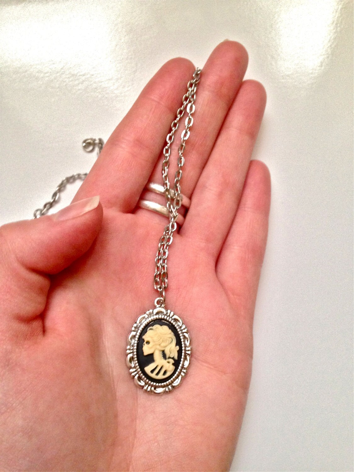 Lady Skeleton Necklace, Zombie Necklace in Silver, Ivory and Black Cameo Necklace, Lolita Necklace, Skeleton Necklace - Image 2