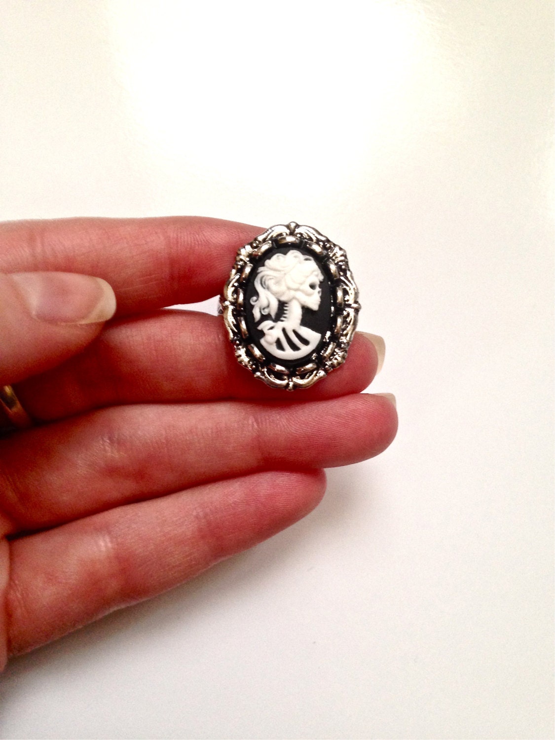 Lady Cameo Ring, Zombie Ring, Skeleton Ring, Black and Cream Cameo Ring, Lolita Ring, Skull Ring - Image 2