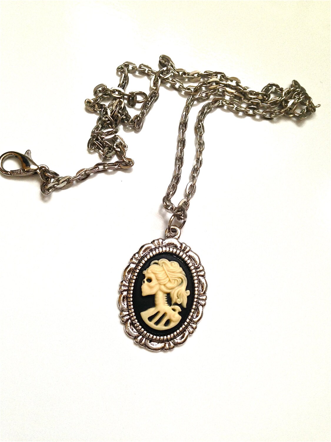 Lady Skeleton Necklace, Zombie Necklace in Silver, Ivory and Black Cameo Necklace, Lolita Necklace, Skeleton Necklace