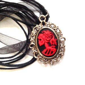 Red and Black Lady Skeleton Cameo Necklace