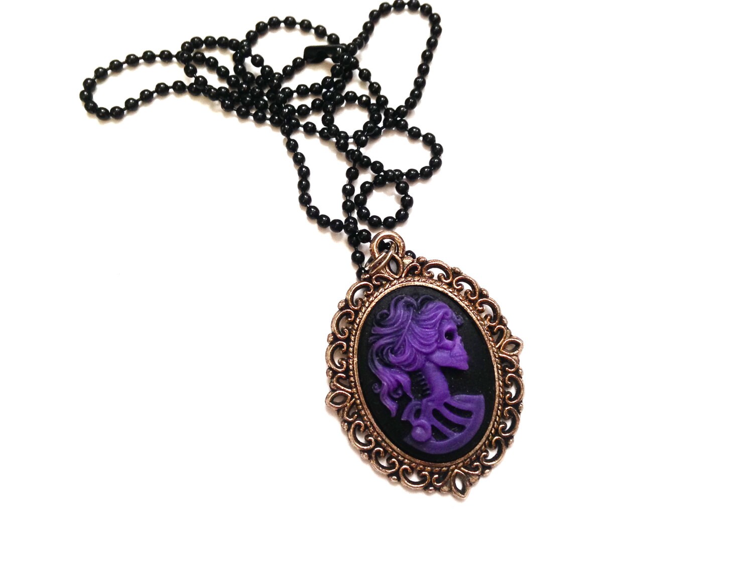Purple and Black Lady skeleton cameo necklace