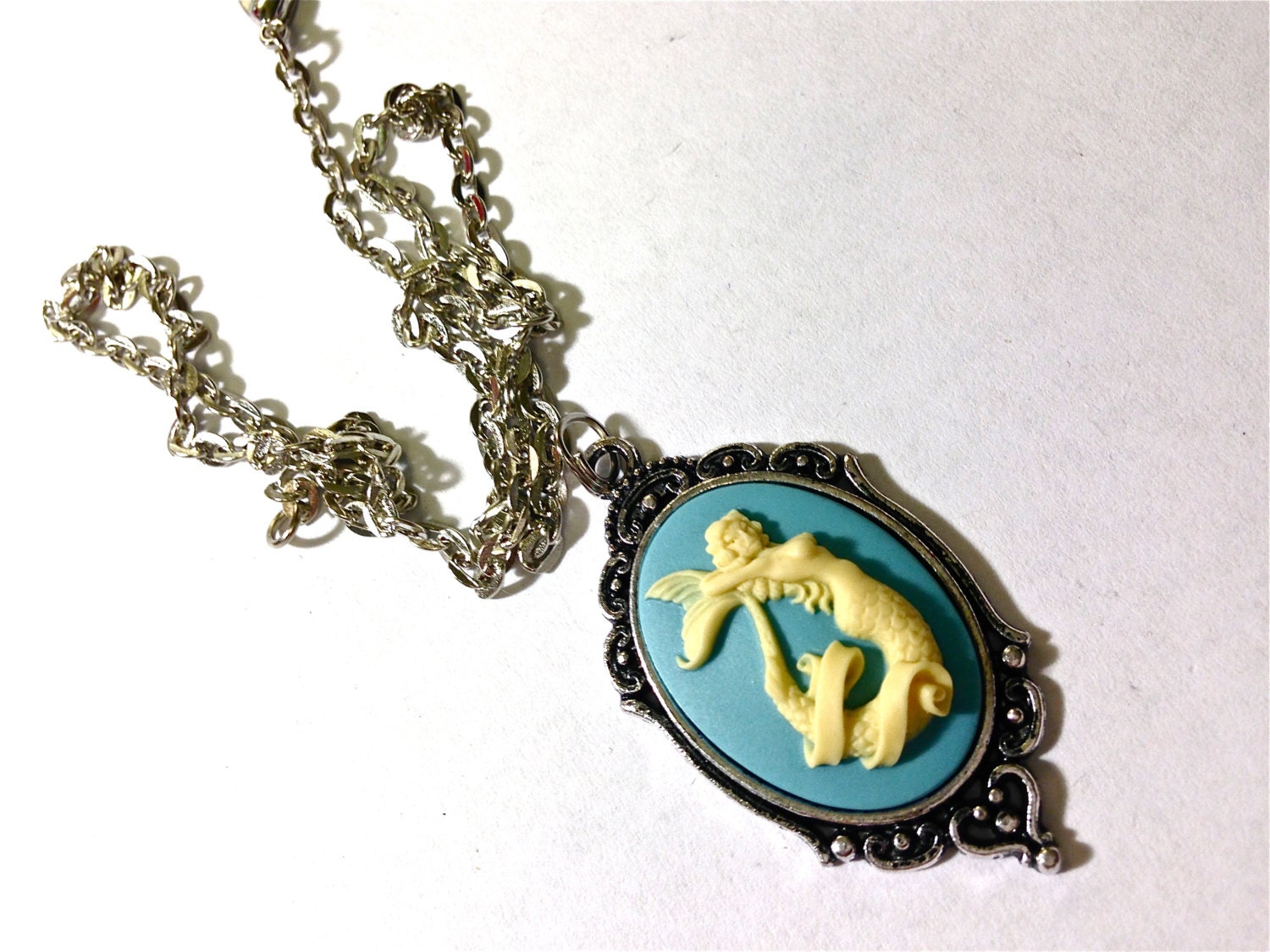 Blue and White Mermaid Cameo necklace