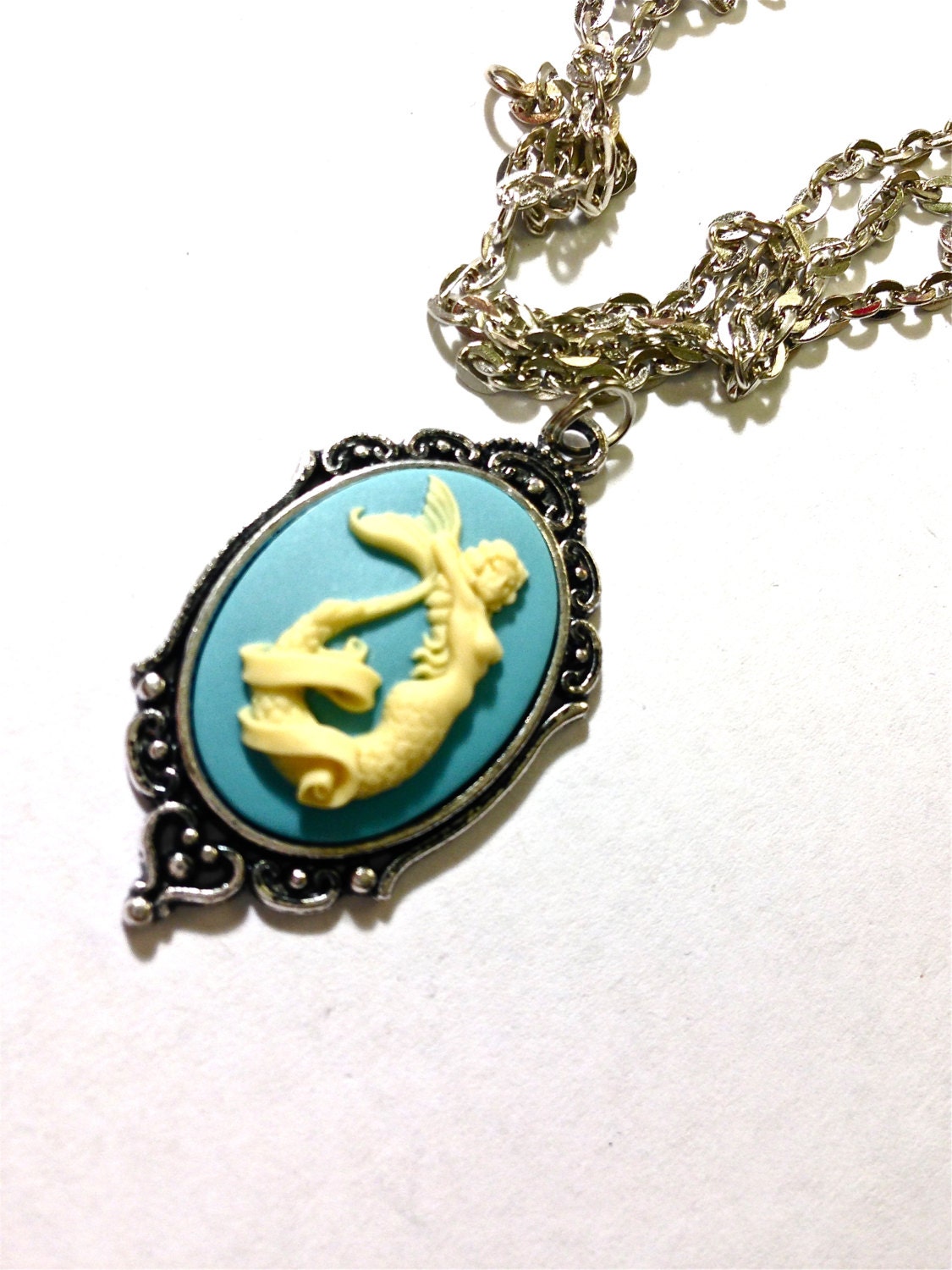 Blue and White Mermaid Cameo necklace - Image 2