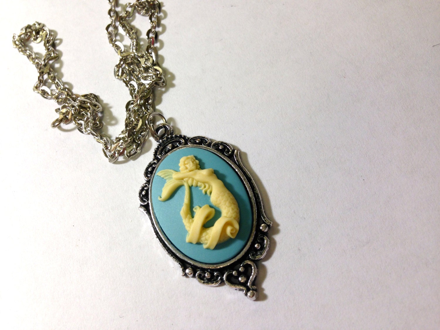 Blue and White Mermaid Cameo necklace - Image 3