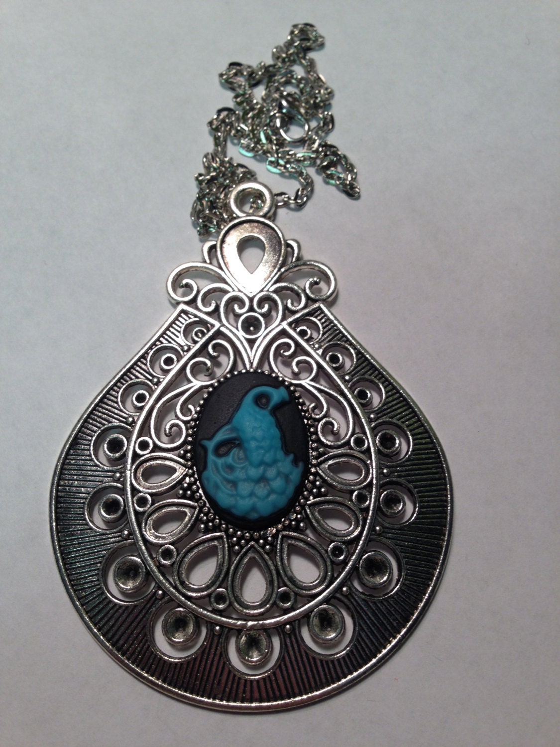 Blue Peacock Cameo Necklace // Peacock Jewelry