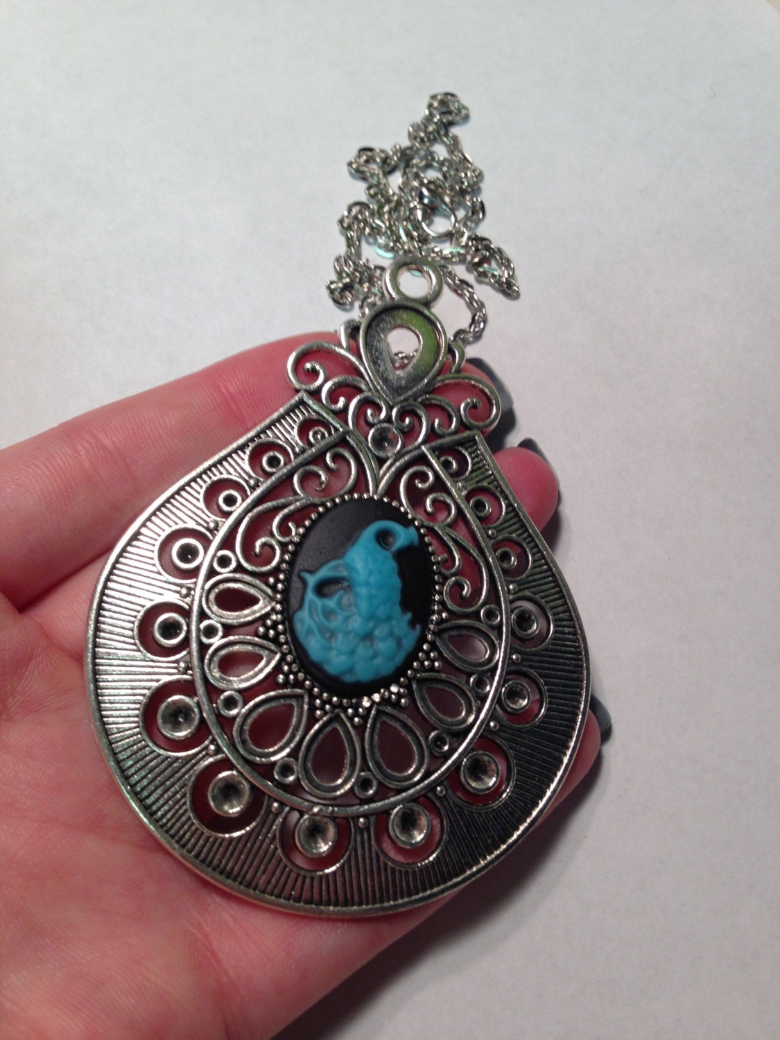 Blue Peacock Cameo Necklace // Peacock Jewelry - Image 2