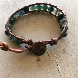Moss Agate brown leather wrap bracelet