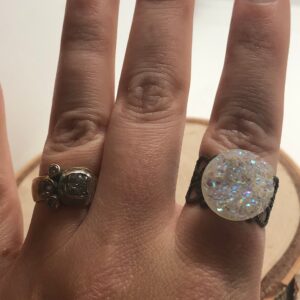 Druzy ring // white druzy ring // white circle druzy on antique toned silver filigree adjustable band