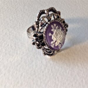 Purple and white rose cameo cabochon ring