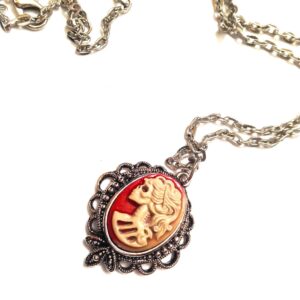 Vintage Inspired Lady Cameo Necklace, Lady Skeleton Necklace, Pink and Tan Cameo Necklace, Lolita Necklace, Skeleton Necklace