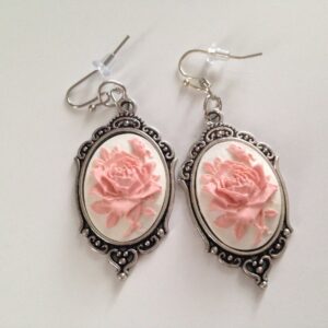 Pink and white rose cameo earrings